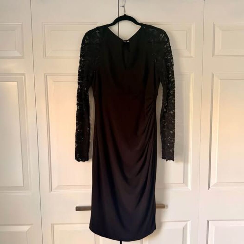 B&A by Betsy & Adam Black Lace Sleeve Ruched Evening Gown Dress 12